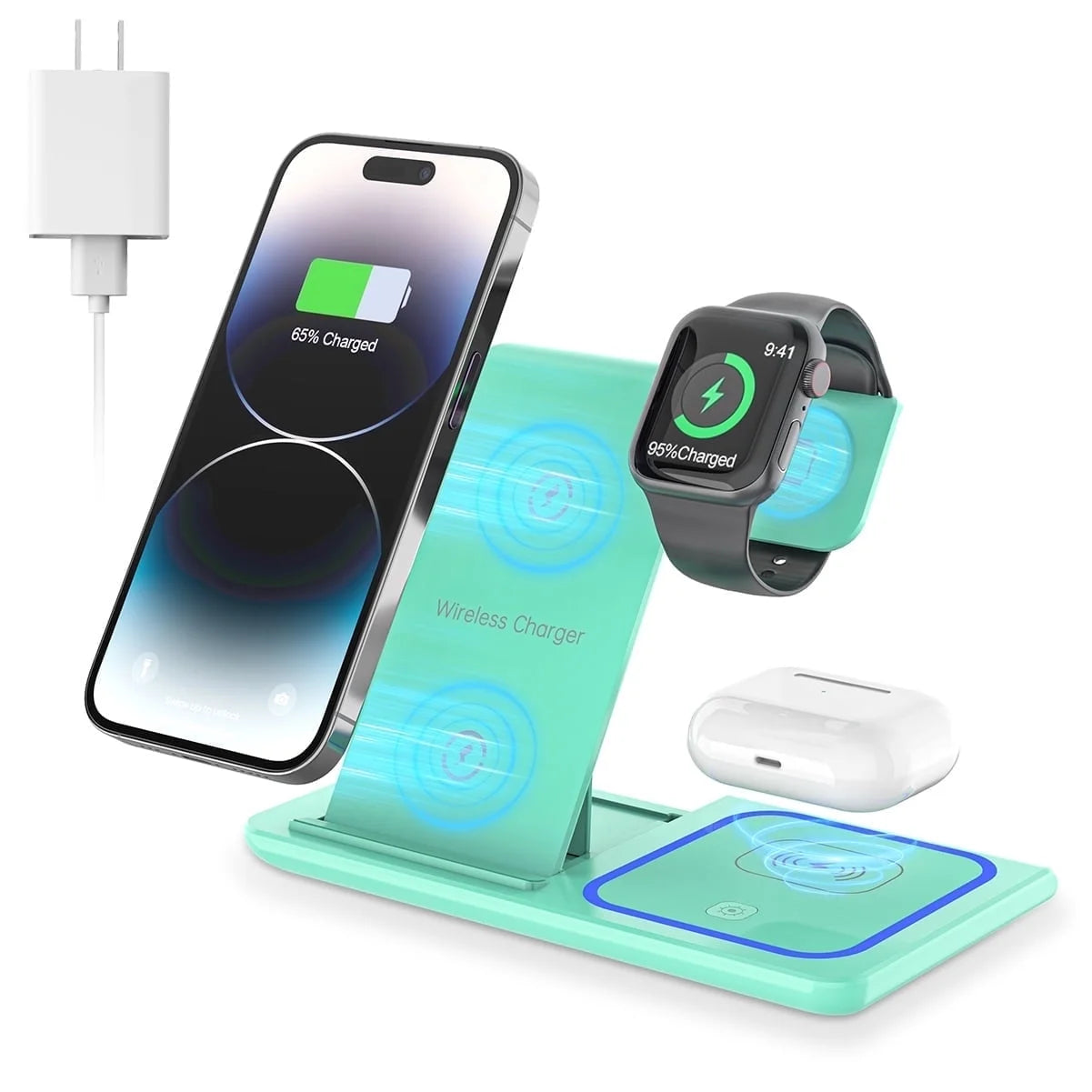 Wireless Charger, 18W Fast Iphone Charging Station for Iphone 16/15/14/13/12/11/Pro Max/Plus, 3 in 1 Wireless Charging Stand for Iwatch SE 10/9/8/7/6/5/4/3, Airpods Pro/3/2 (W/ QC3.0 Adapter)