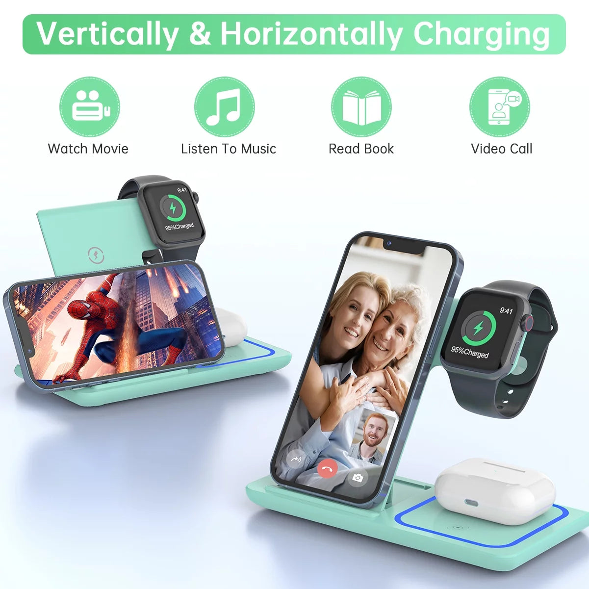 Wireless Charger, 18W Fast Iphone Charging Station for Iphone 16/15/14/13/12/11/Pro Max/Plus, 3 in 1 Wireless Charging Stand for Iwatch SE 10/9/8/7/6/5/4/3, Airpods Pro/3/2 (W/ QC3.0 Adapter)