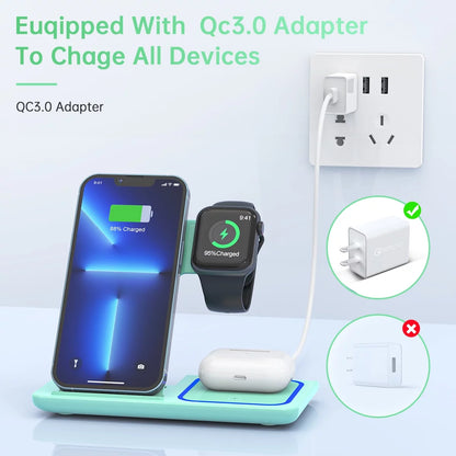 Wireless Charger, 18W Fast Iphone Charging Station for Iphone 16/15/14/13/12/11/Pro Max/Plus, 3 in 1 Wireless Charging Stand for Iwatch SE 10/9/8/7/6/5/4/3, Airpods Pro/3/2 (W/ QC3.0 Adapter)